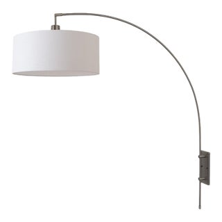 Span Wall Mounted Arc Lamp, Modern Black Nickel Steel, White Fabric Drum Shade, Dimmable, Foot Dimmer For Sale