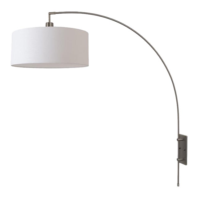 Span Wall Mounted Arc Lamp, Modern Black Nickel Steel, White Fabric Drum Shade, Dimmable, Foot Dimmer For Sale