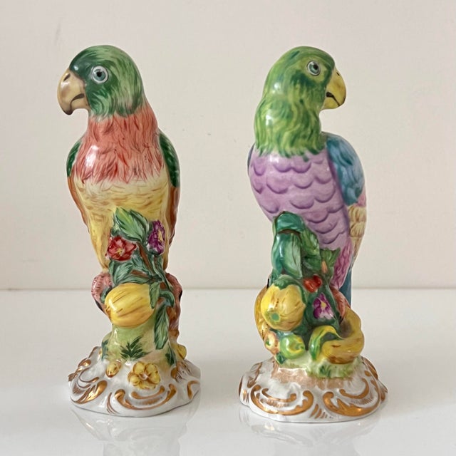 Hollywood Regency Important Continental Meissen-Style Porcelain Parrot Bird Figurines, Early 20th Century — Pair For Sale - Image 3 of 12