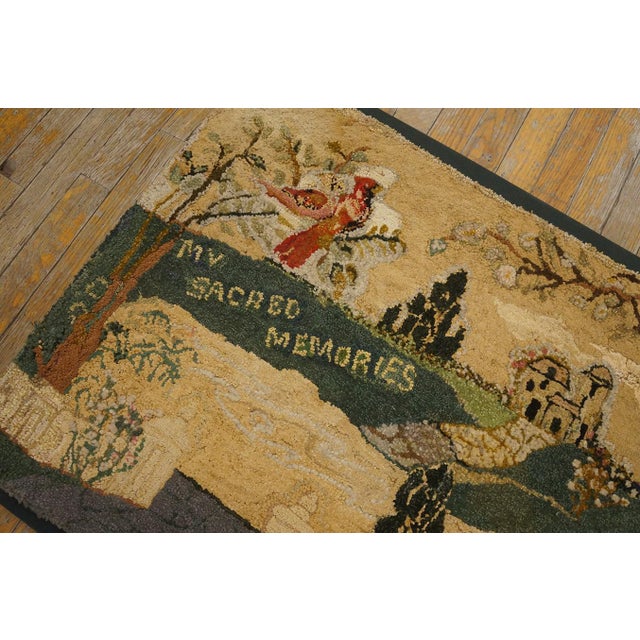 1930s 1930s Multicolor Scene Pictoral Folk Art Antique American Hooked Hand Knotted Rug 2'3" X 3'2" Wool Carpet For Sale - Image 5 of 10