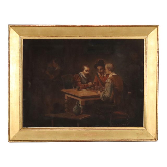 English School, The Chess Players, Pastel on Paper, Framed For Sale