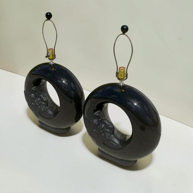 Cylindrical Gloss Matte Black Floral Table Lamps - a Pair For Sale In Miami - Image 6 of 7