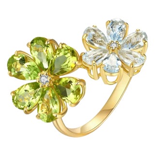 Kai Flora Blossom Periot and Aquamarine Cocktail Ring in 14k Yellow Gold Ring, size 10 For Sale