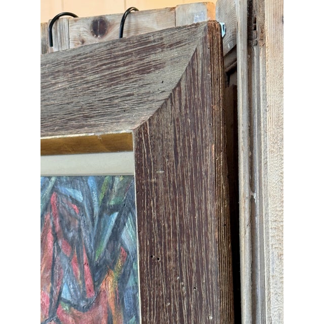 Abstract composition depicting a stylized dog, executed in bold, layered brushwork with strong linear structure and...