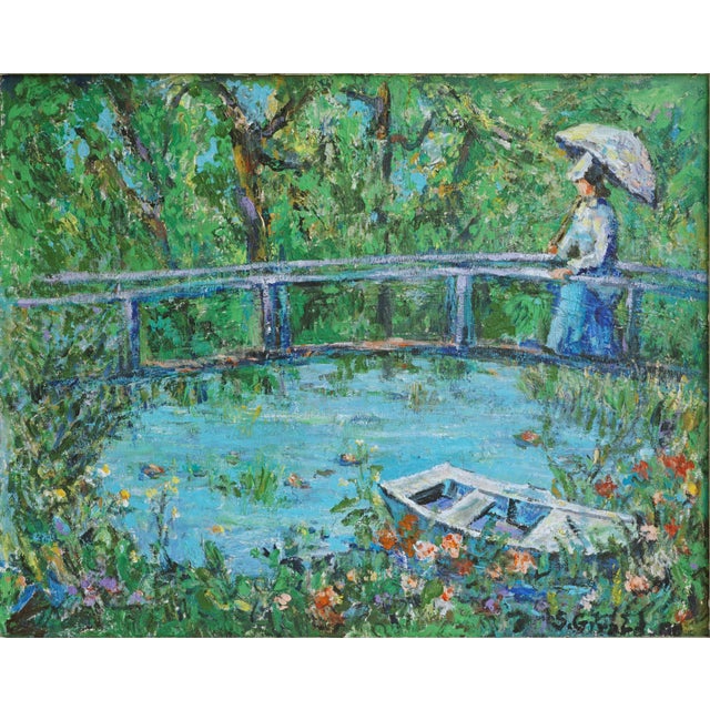 Vintage MCM Giverny Lily Pond Oil Painting by Girard French Country Wall Art A vibrant vintage oil on canvas painting...