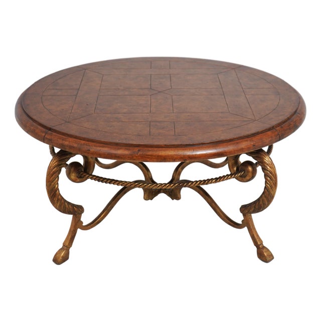 Round Leather Top Metal Base Coffee Table For Sale