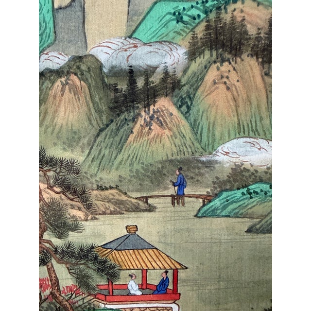 c.1950 Chinese Republic Silk Painting Mountain River Landscape W Figures, Seal Signed For Sale - Image 4 of 12