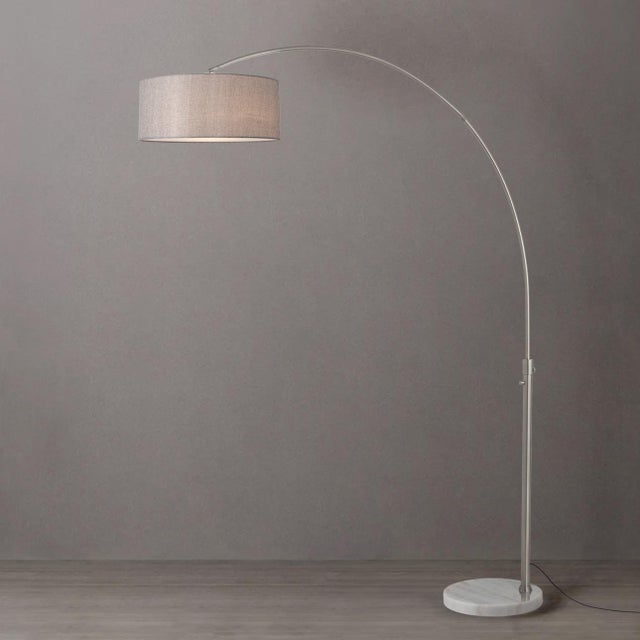Mid-Century Modern 1960s Morelli Adjustable Floor Lamp - 92" Modern Arc Lamp, Cashmere Gray Linen Shade, White Marble Base, Dimmable For Sale - Image 3 of 4