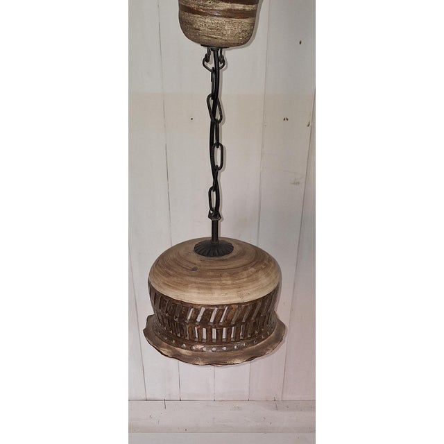 Vintage Rustic Ceiling Lamp with Beige-Brown Ceramic Shade on a Black Iron Chain, 1970s For Sale - Image 4 of 7