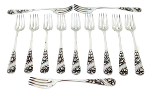 Silver Forks with Relief Handles and Monogram Cards, Set of 12