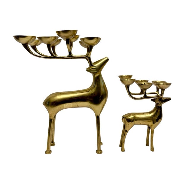 1970s Mid Century Set of Solid Brass Reindeer Candelabra Sculptures Vtg. For Sale - Image 5 of 8
