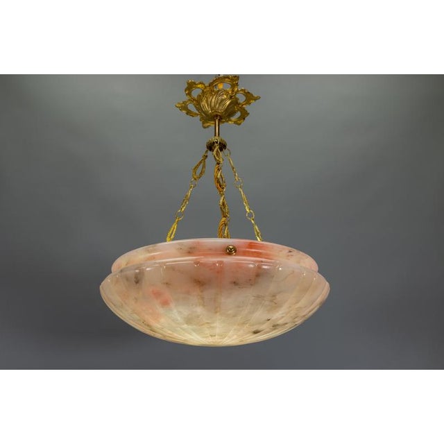 Art Deco French Pink and Gray Alabaster and Bronze Pendant Light, 1920s For Sale - Image 15 of 18