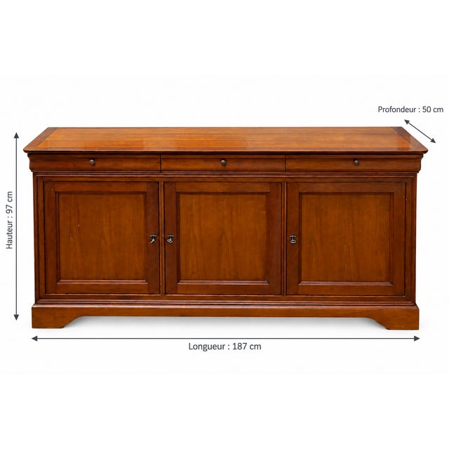 Louis Philippe style sideboard in solid French fruitwood with 3 doors and three drawers Dimensions: height 97 cm, length...