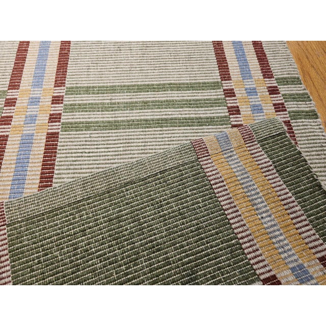 Vintage American Runner, Flat-Woven Wool & Cotton, Allover Pattern, Green Stripes, 4x24 For Sale - Image 9 of 12