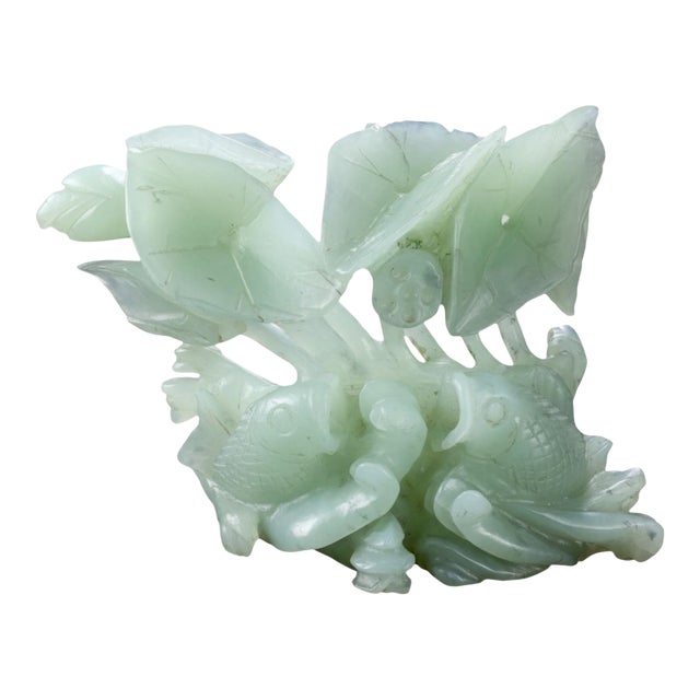 Mid 20th Century Chinese Carved Jade-Colored Hardstone Fish and Lotus Sculpture For Sale