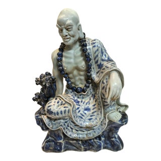 Chinese Vintage Ceramic Buddhist Sculpture,Hand Carved Blue and White Porcelain the Eighteen Arhats Statue For Sale