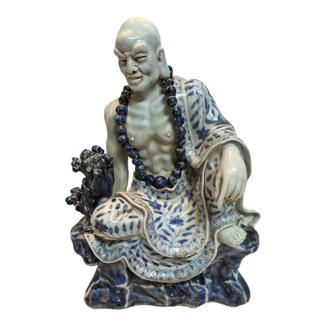 Chinese Vintage Ceramic Buddhist Sculpture,Hand Carved Blue and White Porcelain the Eighteen Arhats Statue For Sale