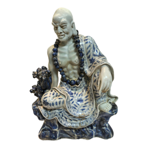 Chinese Vintage Ceramic Buddhist Sculpture,Hand Carved Blue and White Porcelain the Eighteen Arhats Statue