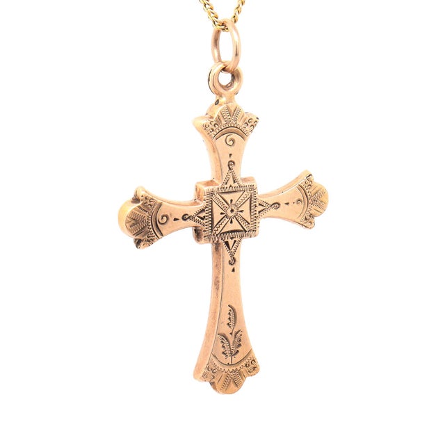 Metal Antique Victorian 10k Gold Engraved Cross Pendant for a Necklace For Sale - Image 7 of 14