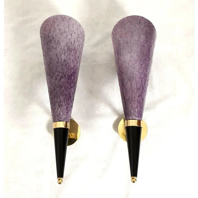 Pair of tall purple Murano glass and brass sconces by Mila Schon, Italy Mid Century Modern. Circa 1970. The sconces are...