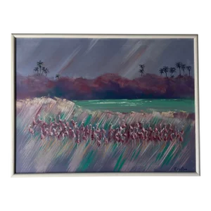 80's Vintage R. Watson Coastal Landscape With Pink Flamingos Oil Painting, Frame