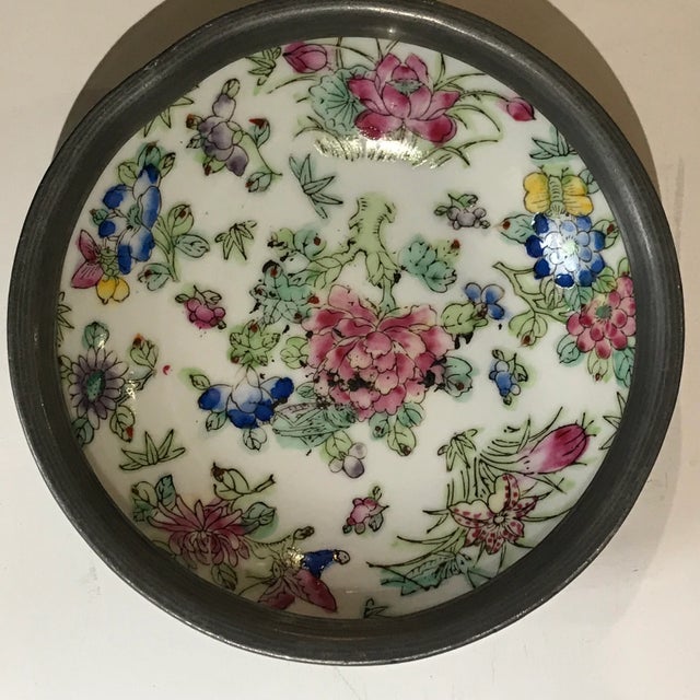 Pewter Banded Porcelain Famille Rose Coaster Dish For Sale - Image 4 of 5