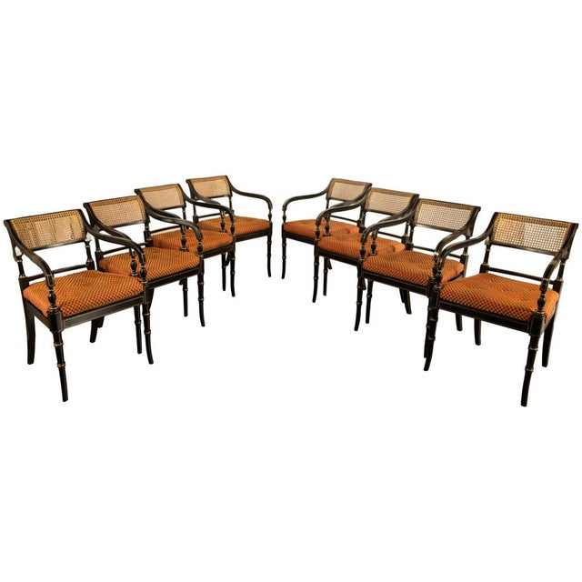 1960s Set Eight Federal Style Japanned & Gilded Dining Arm Chairs Kittinger Furniture For Sale In Portland, OR - Image 6 of 17