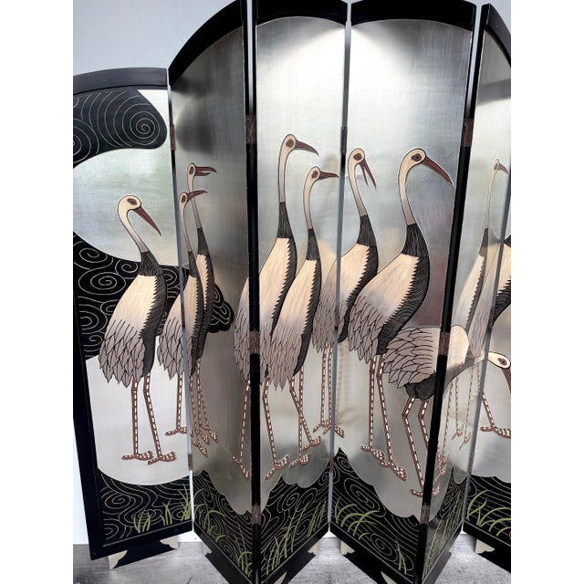 Art Deco Style Six-Panel Silver Leaf Crane Screen, Hong Kong, Circa 1980 For Sale - Image 14 of 18