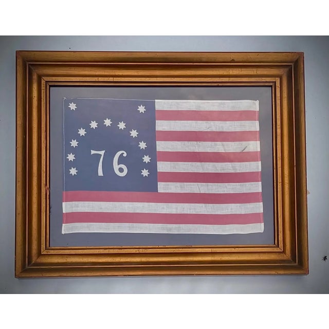Textile Real Vintage American Revolutionary Flag Bicentennial 13 Star Cotton in Gilt Antique Frame For Sale - Image 7 of 7