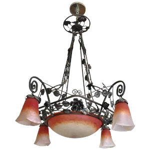Muller Freres Art Deco Wrought Iron and Glass Chandelier
