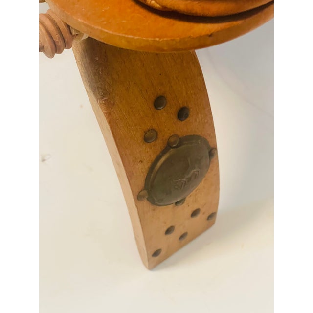 1900 - 1909 Antique Moroccan Camel Saddle Leather Footstool With Bronze Bell For Sale - Image 5 of 5