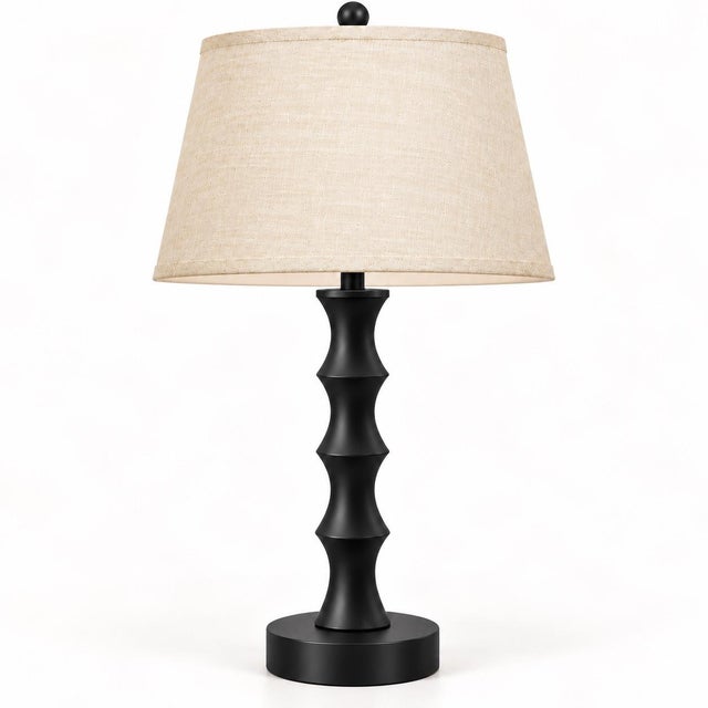 Metal Late 20th Century Sculptural Matte Black Table Lamps With Linen Shades - A Pair For Sale - Image 7 of 8
