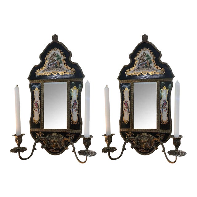 19th Century French Mirrored Wall Sconce With Enameled Porcelain - a Pair For Sale