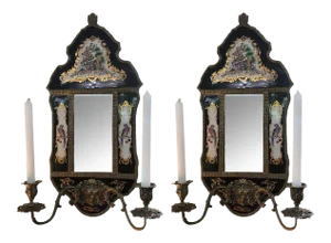 19th Century French Mirrored Wall Sconce With Enameled Porcelain - a Pair