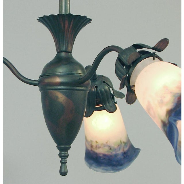 American American 3-Light “Japanned” Chandelier, Multicolored Muller Art Glass Shades Ca. 1910 For Sale - Image 3 of 7