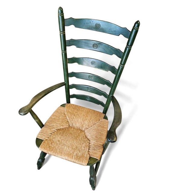 Vintage High Back Ladder Chair in Green Wood with Rush Seat For Sale - Image 6 of 15