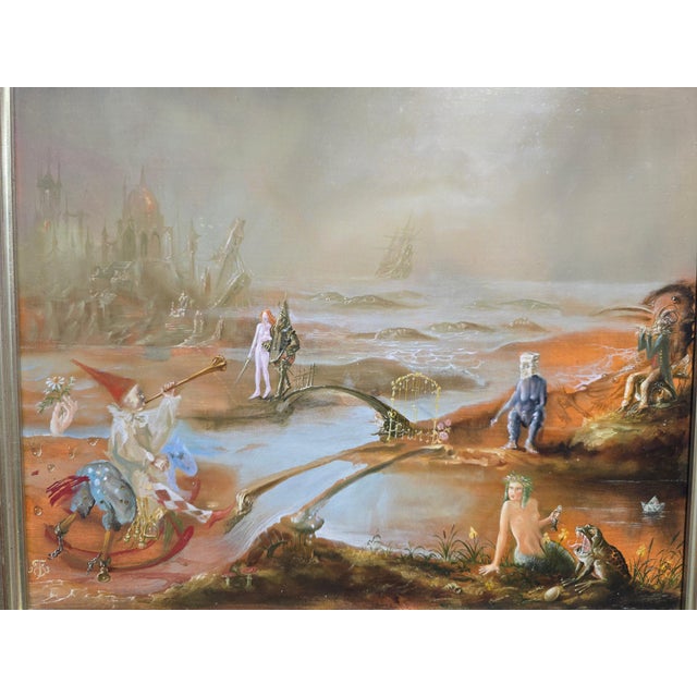 Striking oil on panel by the Polish artist Tomasz Steifer (1955–2015), depicting a dreamlike surrealist landscape...
