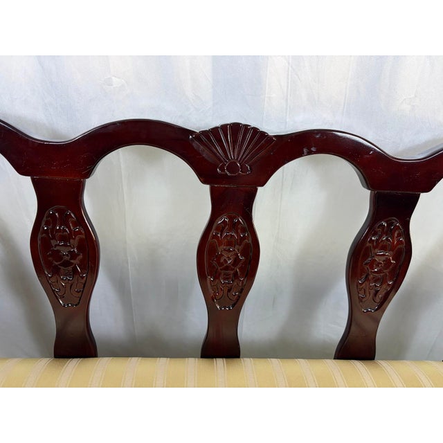 Vintage Queen Anne Style Triple-Back Walnut Settee With Stripe Satin Cushion For Sale - Image 11 of 12