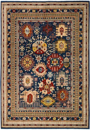1990s Shabby Chic Tribal Blue/Lt. Blue Hand-Knotted Rug - 8'8 X 11'9