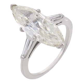 Mid Century Gia 3.36 Carat Marquise Cut Diamond Platinum Engagement Ring, Size 6 For Sale