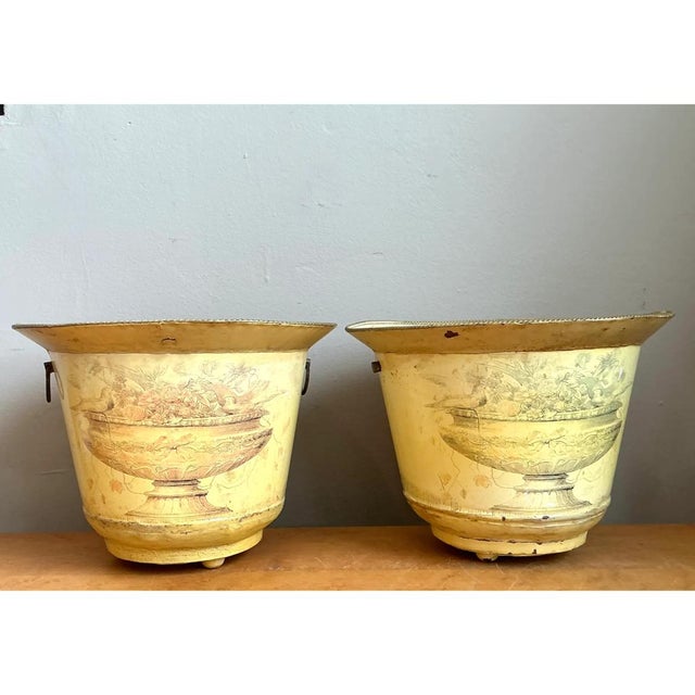 Vintage Distressed French Toile Metal Cache Pot - A Pair For Sale - Image 10 of 12