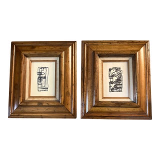 Contemporary Original Wayne Cunningham Small Abstract Marker Drawings Vintage Distressed Wood Frames - A Pair For Sale