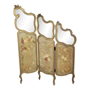 French Rocco Style Gold Gilt Folding Screen Silk Embroidered Flowers, C 1900