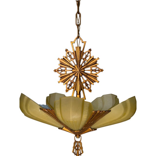 Gold 1930s Art Deco “Rayburn” 5 Light Slip Shade Chandelier For Sale - Image 8 of 9