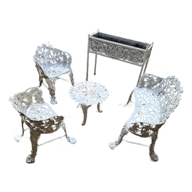 White Cast Iron Grapevine Antique Victorian Outdoor Garden Furniture Suite-Set of 5 For Sale