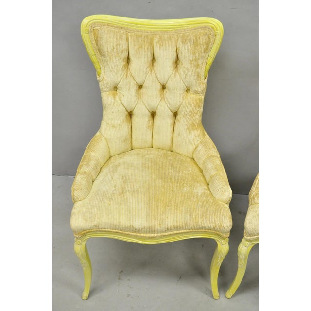 Vintage French Hollywood Regency Yellow Tufted Drape Carved Side Chairs - A Pair For Sale - Image 11 of 16