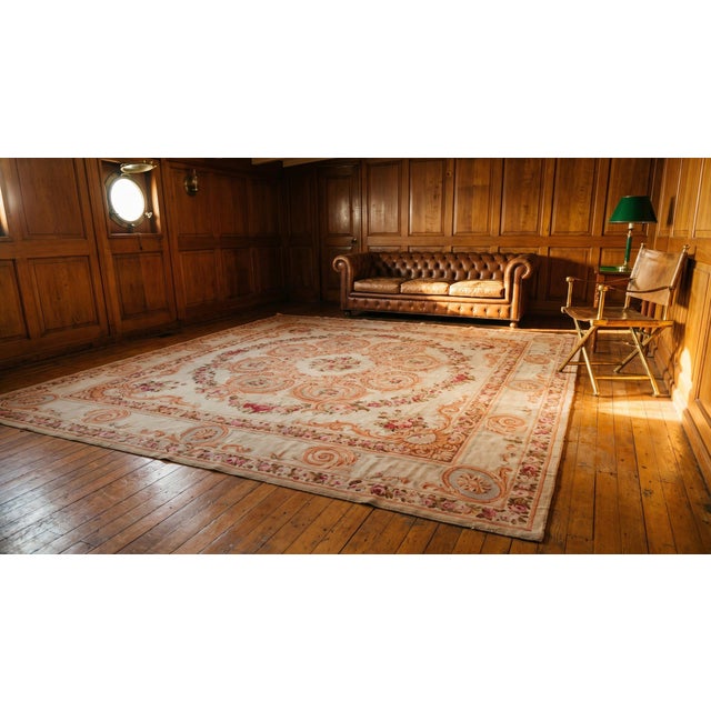 1880s Ivory Floral Antique European Aubusson Rug 17'9" X 17'9" Handknotted Wool Carpet For Sale - Image 9 of 10
