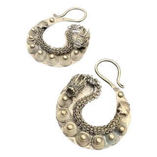 Vintage Miao Tribal Silver Dragon Earrings. Asian Tribal Jewelry, A Pair For Sale