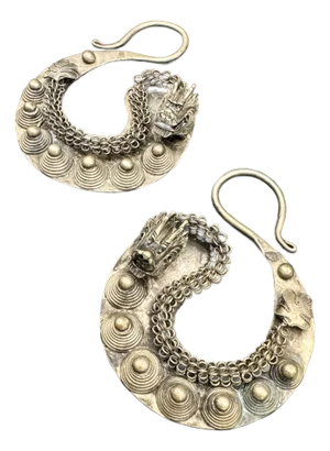 Vintage Miao Tribal Silver Dragon Earrings. Asian Tribal Jewelry, A Pair