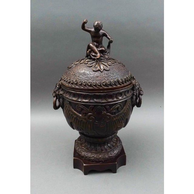 Mid 20th Century Mid 20th Century Maitland Smith Vintage Bronze Cherub Lidded Large Urn Compote Lion Handles For Sale - Image 5 of 11